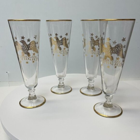 Set of 4 Vintage Champagne or Pilsner Gold Eagle Glasses with Patriotic Design - Picture 1 of 8
